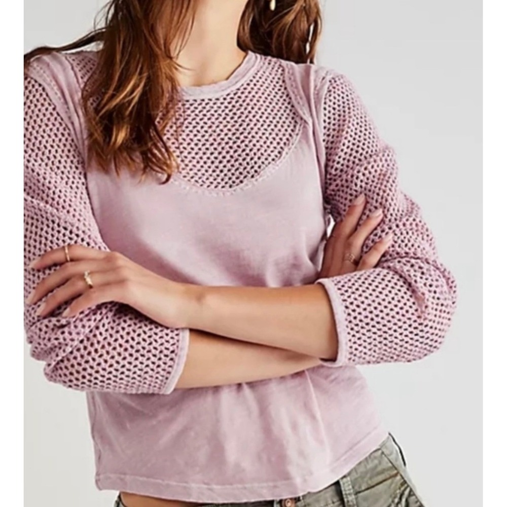 Free People Solar Eclipse Lavender Mesh Mix Long Sleeve Top S Purple Textured